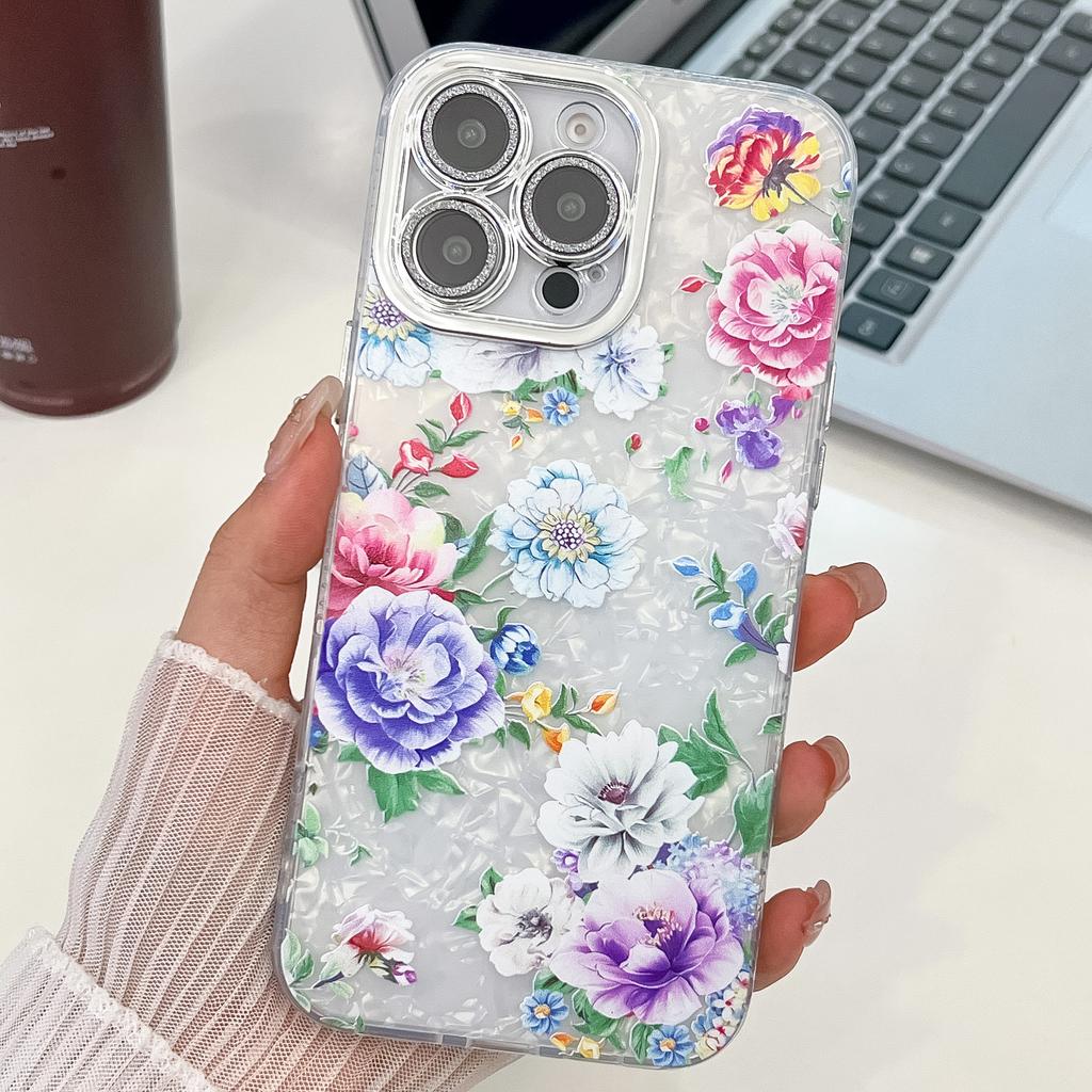 For Apple 16E Flower Phone Case for IPhone 15 Promax with Bracelet Sparkling Pink Lens Film Hard Case