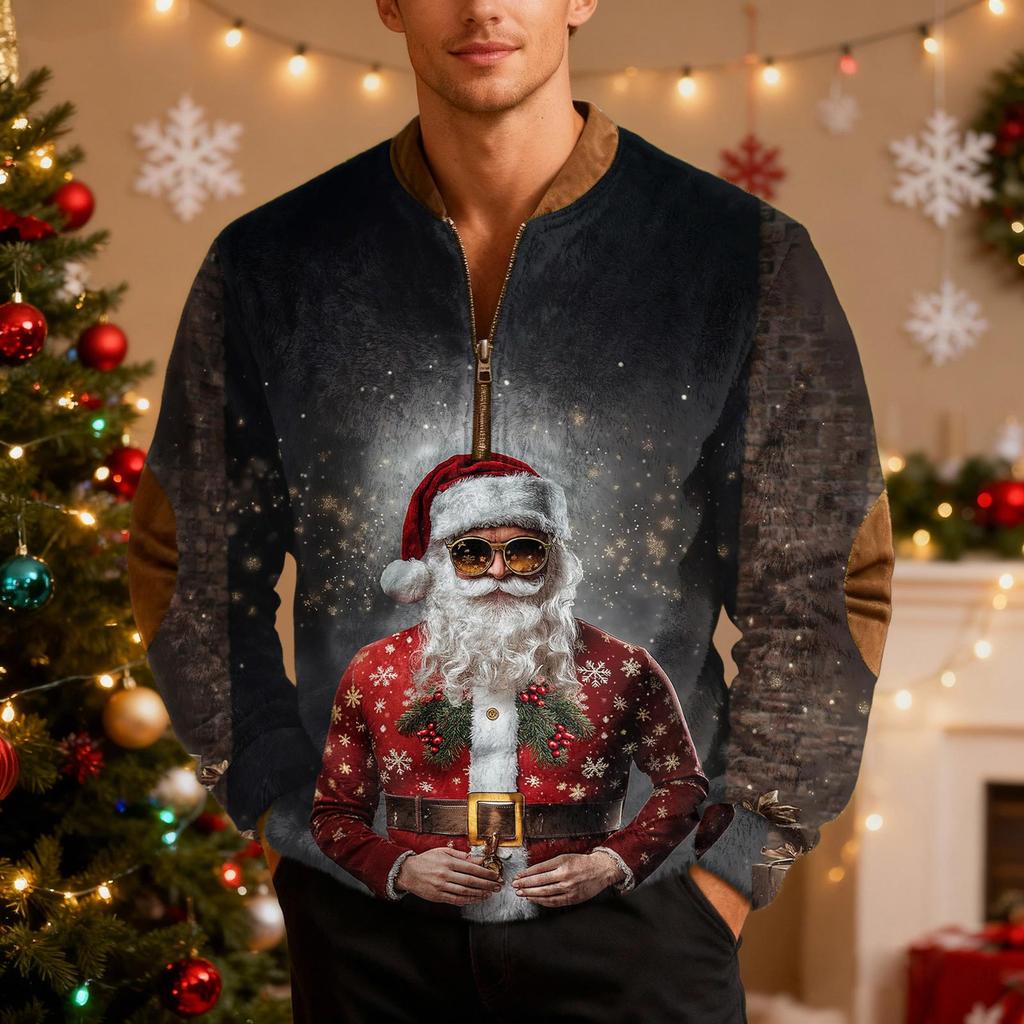 Мужской рождественский свитер на молнии, винтажный вязаный графический свитшот, рождественский пуловер со стойкой