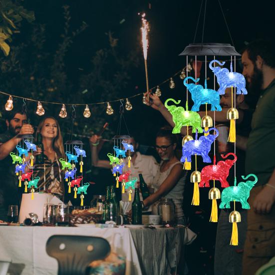 Solar Elephant Wind Chime Waterproof LED Color Changing Mobile Light Outdoor Decor for Garden Patio Courtyard