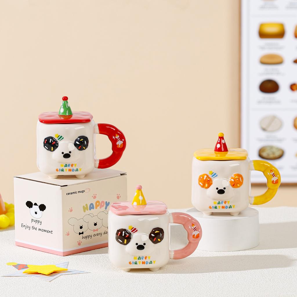 Small Gift with Lid Cake Cup Cartoon Cute Puppy Mug Simple Set Home Water Cup Girl Girl Heart
