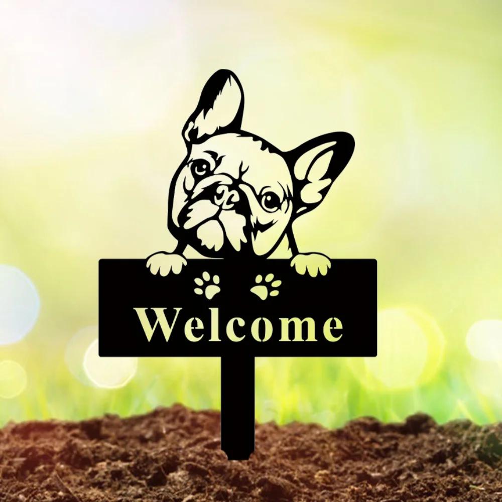 Изысканное садовое металлическое украшение - садовый столб в стиле бульдог в стиле ар-деко. Прочный металлический памятный маркер. Подарок для любителей домашних животных.