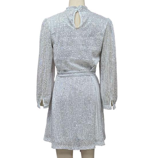 Женское платье со шнуровкой и блестками, короткое платье с круглым вырезом и длинными рукавами, однотонное весенне-осеннее платье с поясом на талии для вечеринок, свадеб, клубов, баров