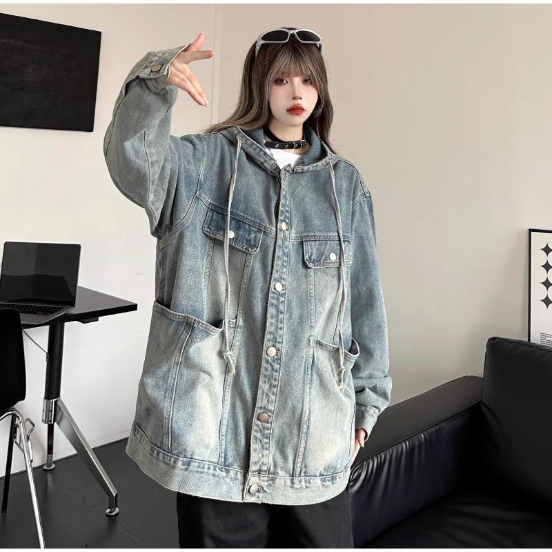 Retro Denim Jacket Women's Hooded Jacket Casual Loose Long Sleeved Top Spring and Autumn 2025 Fashionable Street Style