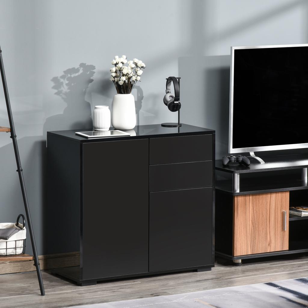 High Gloss Frame Sideboard, Push-Open Design with 2 Drawers for Living Room, Bedroom, 74H x 79W x 36Dcm, Black