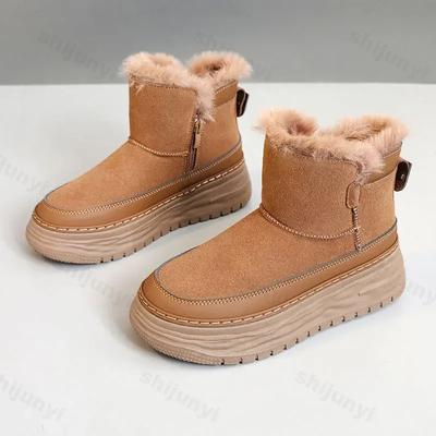 Новые зимние ботинки 2025 года на платформе с плюшевой подошвой, женские нескользящие теплые хлопковые ботинки с боковой молнией, женские удобные ботинки на толстой подошве