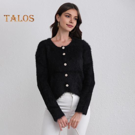 Auutmn Winter Lady Cardigan Coat Furry Plush Single-breasted U Neck Long Sleeves Thickened Solid Color Faux Fur Knitted Sweater Jacket