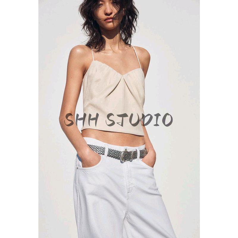Spring and Summer New Women's Clothing Linen Blended Heart-Shaped Collar Ruched Design Minimalist Camisole Tops 3067028