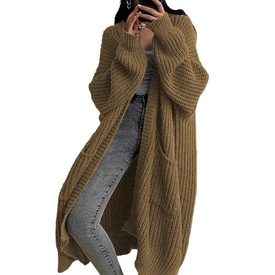 Women Long Cardigan Sweater Coat Open Front Mid-length Knitting Coat with Pockets Fall Winter Outwear