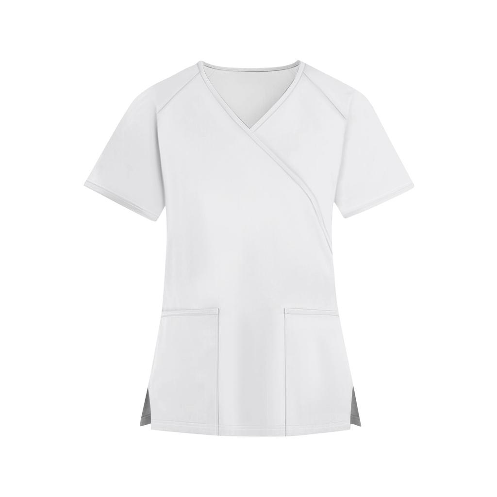 Женская мода однотонная рабочая одежда с v-образным вырезом и короткими рукавами с карманами, топы