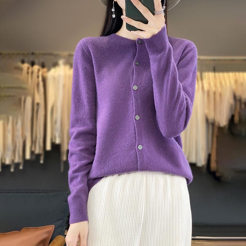 Women's Wool Cardigan: Autumn/Winter Round Neck Long Sleeve Knit Sweater, Slimming & Loose Fit