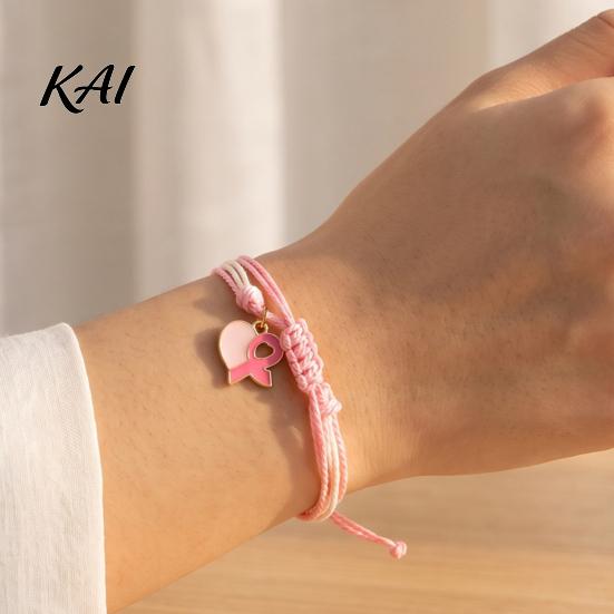 Pink White Cord Jewelry Breast Cancer Awareness Bracelet for Women, Adjustable Woven String with Heart Butterfly Alloy Pendants Ribbon Charm, Handmade