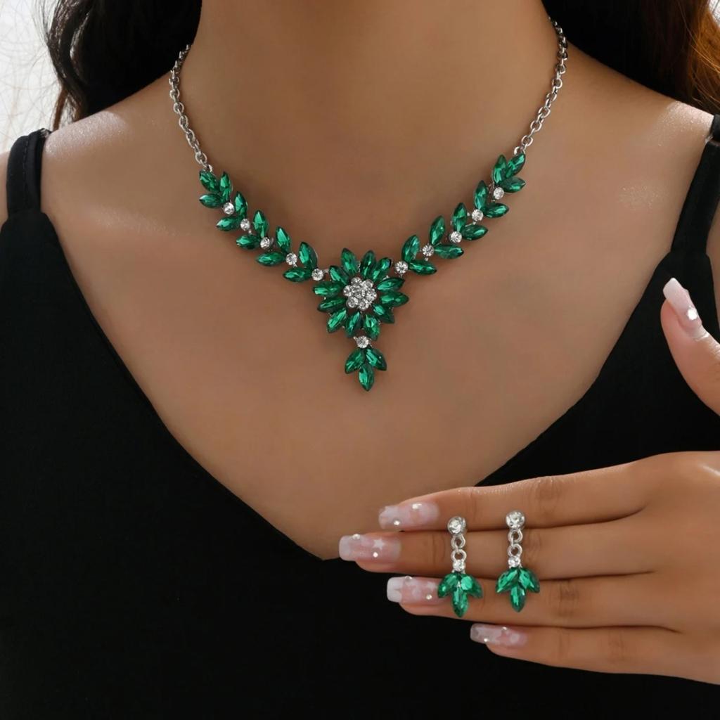 3 Trendy Women's Crystal Flower Multicolored Necklaces and Earrings Set, Banquet and Party Accessories