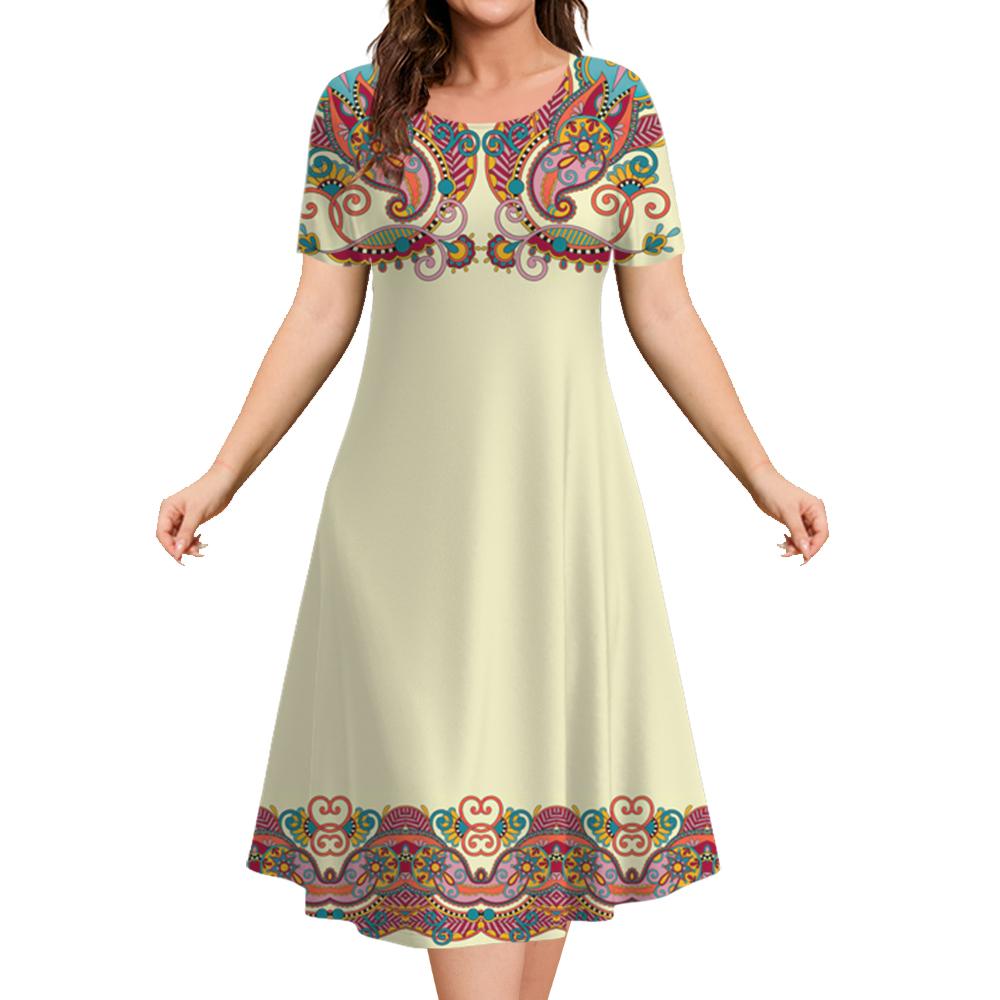 2025 Vintage Women's Dresses Printed Summer Luxury Ethnic Midi Dresses Female Short Sleeve Dress Fashion Oversized Clothes