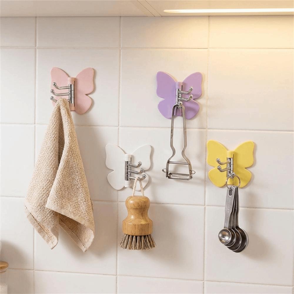4PCS Self Adhesive Rotating Butterfly Wall Hooks Wall Mounted Corner Hooks Bedroom