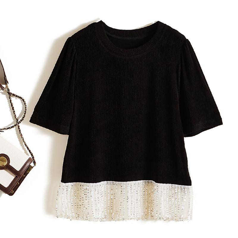 Look At the Detail Tassel Design! Western Style Girls' Summer Stretch Cotton Yarn Black and White Color Matching Round Neck Pullover T-shirt 2025