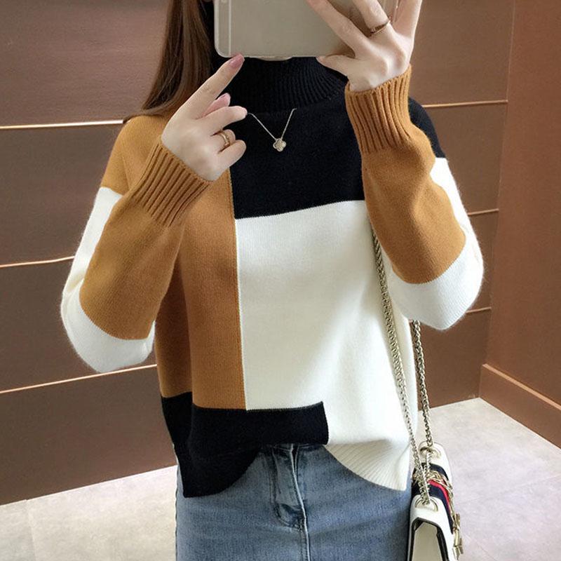 Женский вязаный пуловер, свитер, осень-зима, теплая водолазка, вязаная одежда, пуловер с цветными блоками, свободный повседневный пригородный пуловер