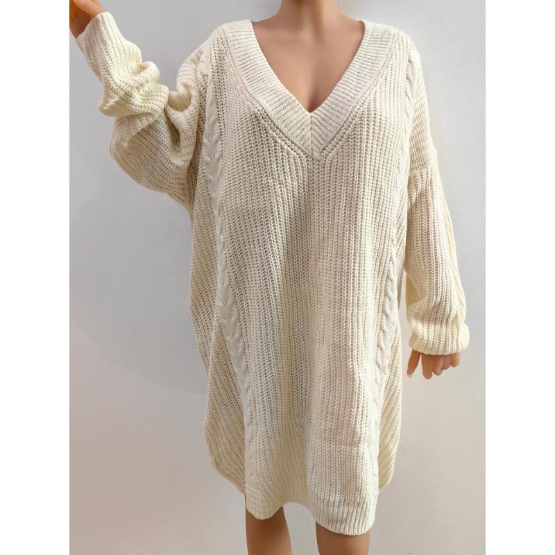 Осенне-зимние женские большие размеры, свободные однотонные, глубокий V-образный вырез, сексуальные тканые платья-свитера