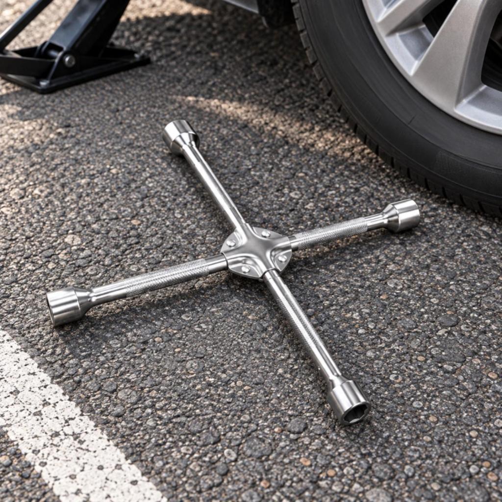 Cross-Shaped Wheel Wrench Chrome-Finished Tire with Four Socket Arms