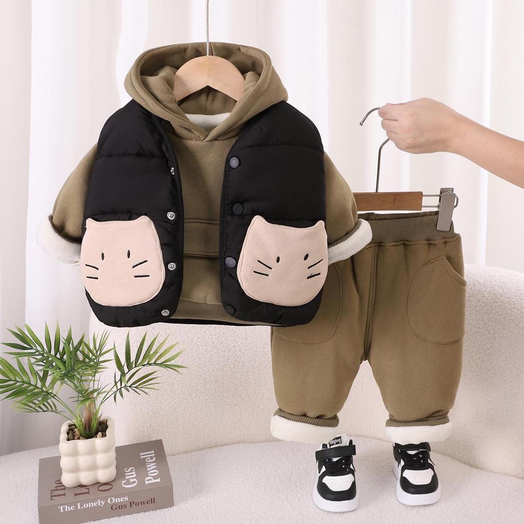 2025 Детский хлопковый трехпредметный комплект на флисовой подкладке – Модный зимний жилет и наряд для мальчиков