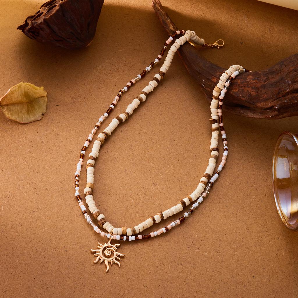2pcs Boho Coconut Shell Wood Beads Necklaces Set for Women Men Vintage Sun Pendant Necklaces Summer Beach Party Jewelry Gifts