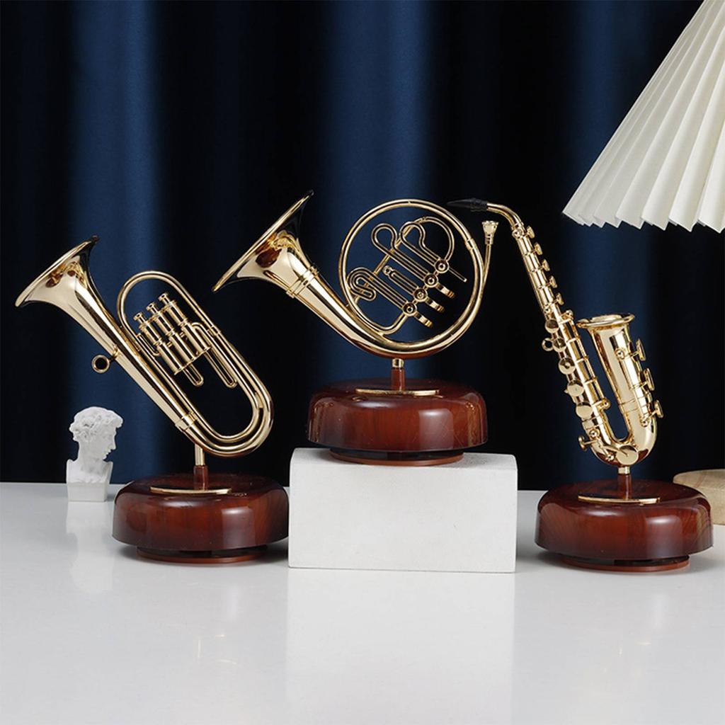 Trumpet Music Box Classical Wind Up Musicbox Twirling Music Box Rotating Base Brass Wind Instrument Miniature Replica