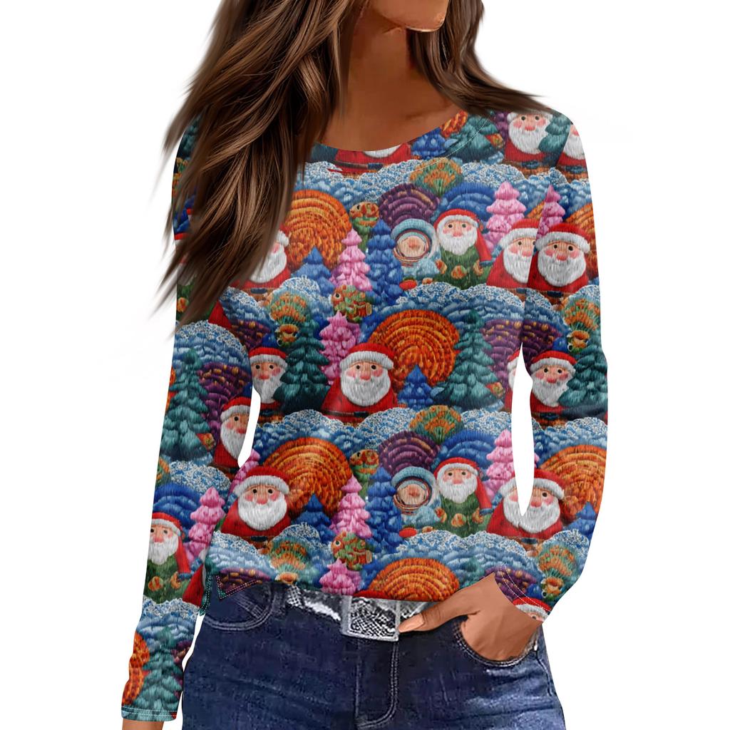 Women's Fashion Hem Slit Casual Christmas Printed Round Neck Long Sleeve Top