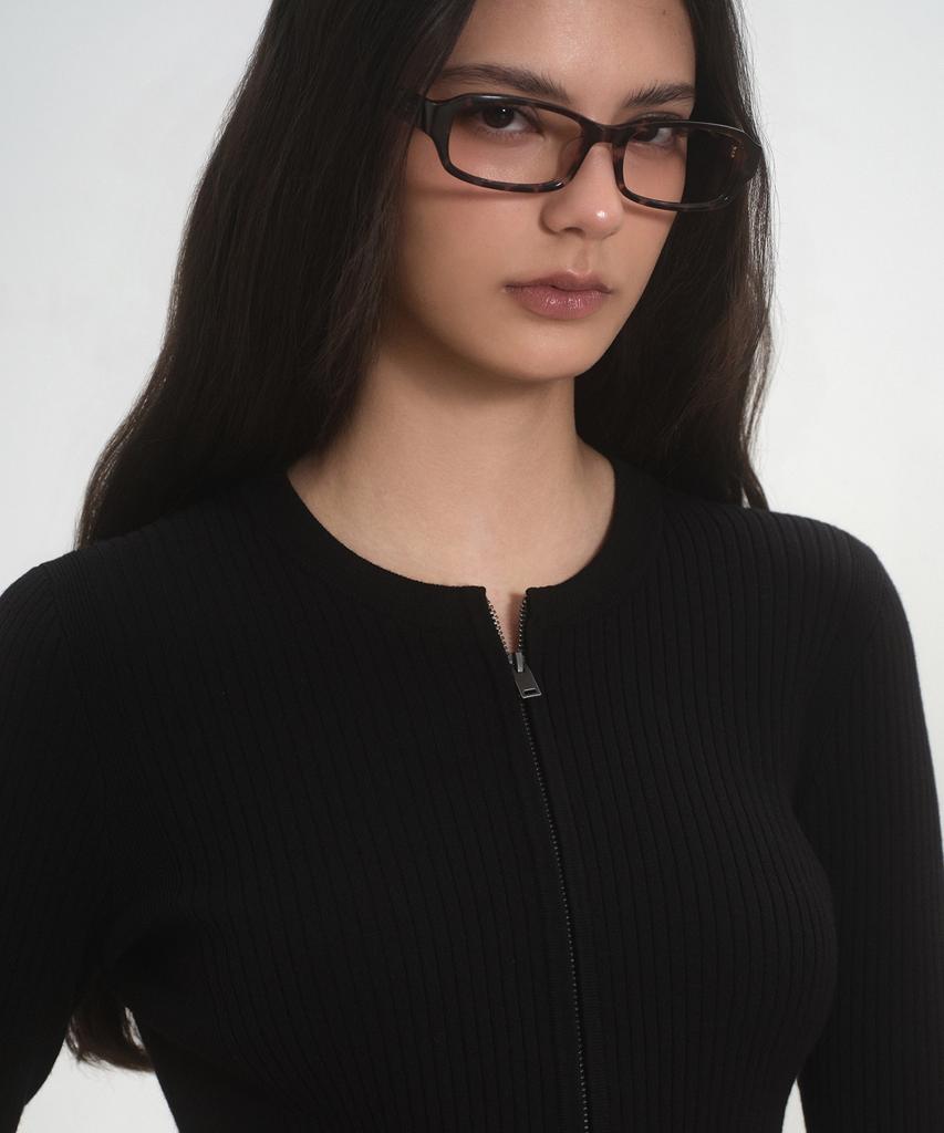 MUSINSA STANDARD WOMAN Женский облегающий вязаный кардиган в рубчик с круглым вырезом на молнии [Черный]