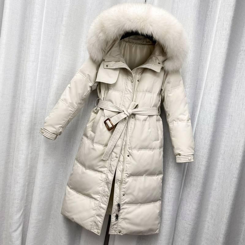 Women's 2024 Trendy Lightweight Over-Knee Down Jacket with Waist Tie - White Duck Down Winter Coat