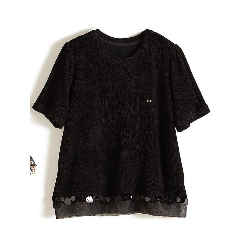 Scandinavian Light Luxury Brands Tops! Heavy Quality Women's Elastic Cotton Yarn Luminous Sequin Splicing Pullover Short Sleeve T-shirt Summer