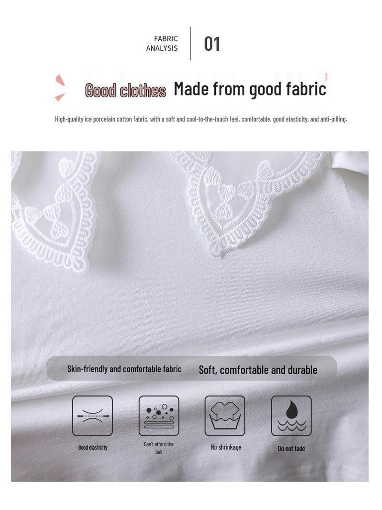 Премиальная хлопковая футболка с белым кружевным воротником для девочек - Летняя с коротким рукавом для детей