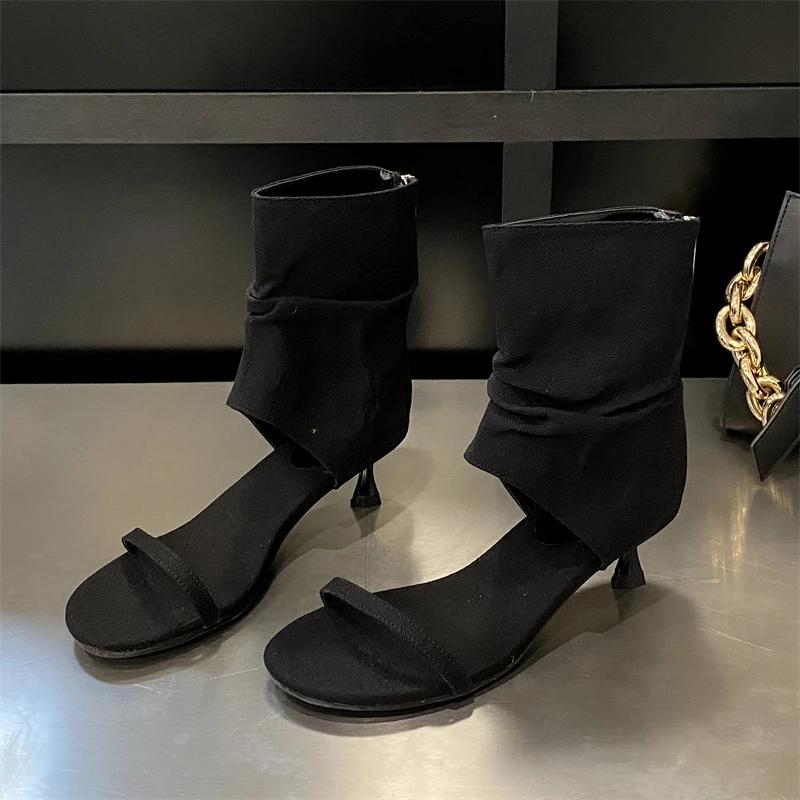 Eilyken Лаконичные джинсовые женские ботильоны с открытым носком и клипсой, плиссированные, на низком тонком каблуке, римские ботильоны, сандалии, Zapatos De Mujer