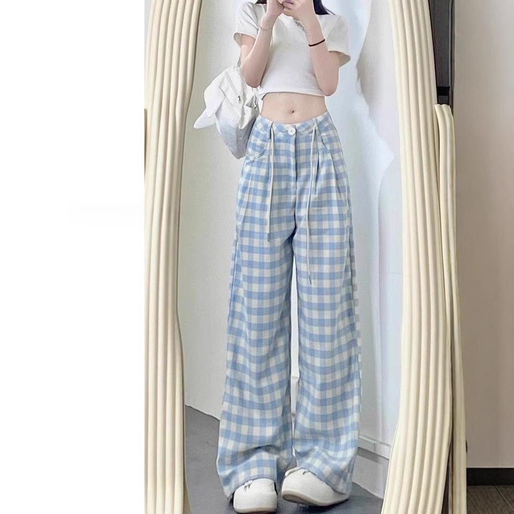 Брюки женские широкие с подвернутым краем в синюю клетку - Большой размер, свободный крой для весны/лета