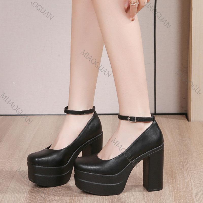 Fashion Sexy Thick-soled Single Shoes Women's 11CM High Heels Ankle Buckle Black Spring Autumn Women's Platform Heels Pumps for Women