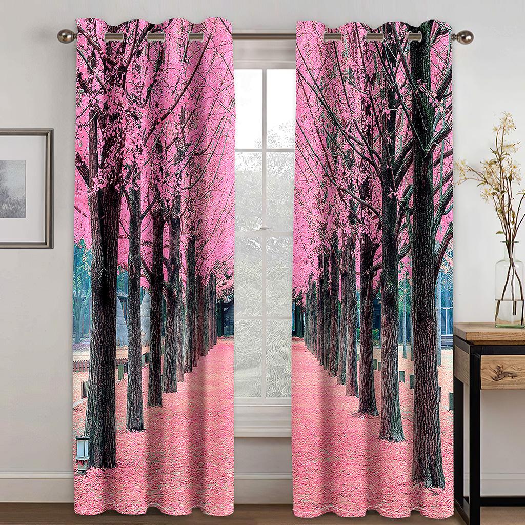 2 Panels Flower Path Printed Curtain Rod Pocket Semi Blackout Window Treatment For Bedroom Office Kitchen Living Room Study Home