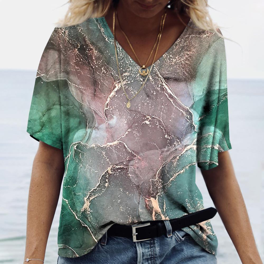 Летние женские футболки с 3D-принтом, градиентная футболка Harajuku, свободные футболки для женской одежды, новые топы с коротким рукавом и V-образным вырезом