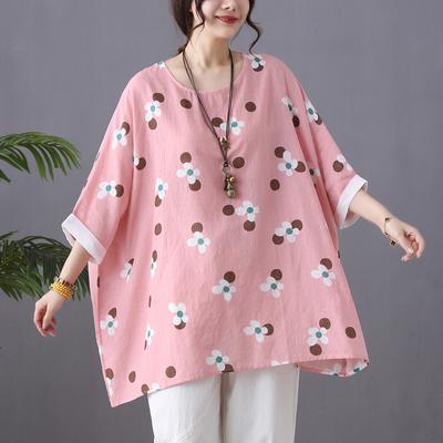 2025 Плюс Размер Лето Новая Футболка Женская Летучая Мышь Цветок Свободные Повседневные Топы О-Образным Вырезом Оверсайз