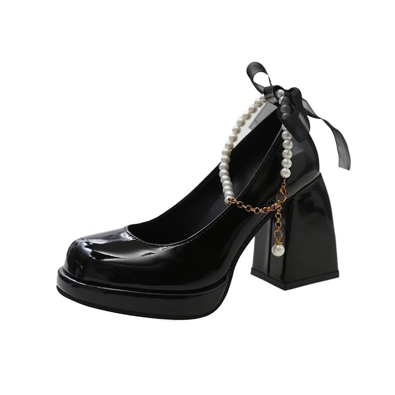 Bow String Bead Mary Janes Shoes Women High Heels Chunky Shoes Summer 2024 Dress Lolita Shoes Party Shallow Pumps Femme Zapatos