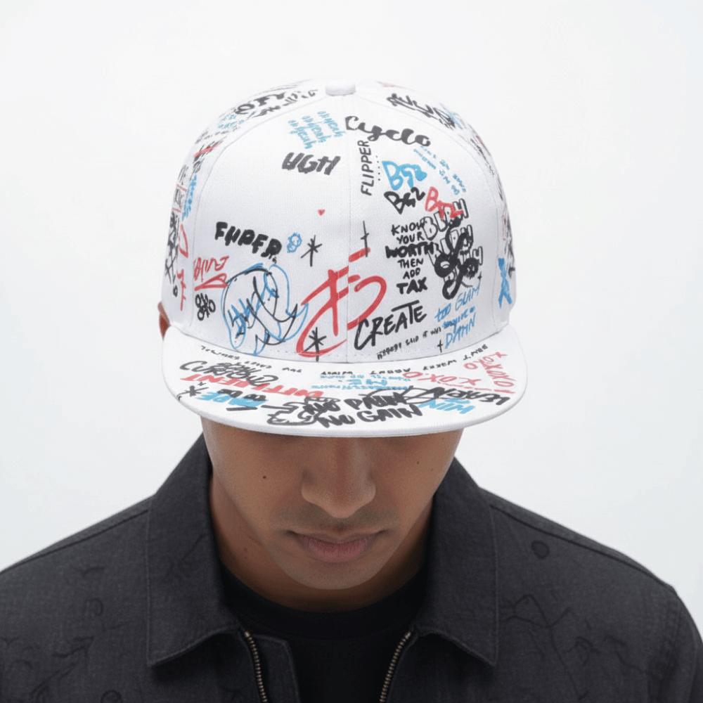All-Over Letter Print Graffiti Baseball Cap Flat Brim Adjustable Snapback Cap Sun Protection Sunshade Hats For Man Women Unisex