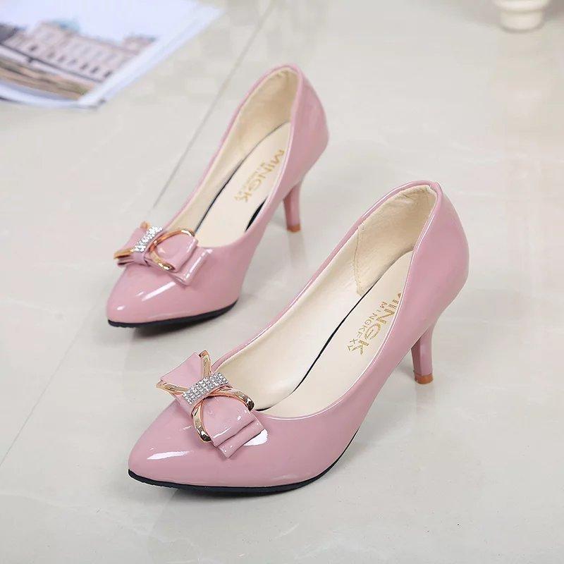 Spring and autumn high heels shallow mouth women's single shoes sweet thin heels pointed bow Korean version professional four seasons work leather sh