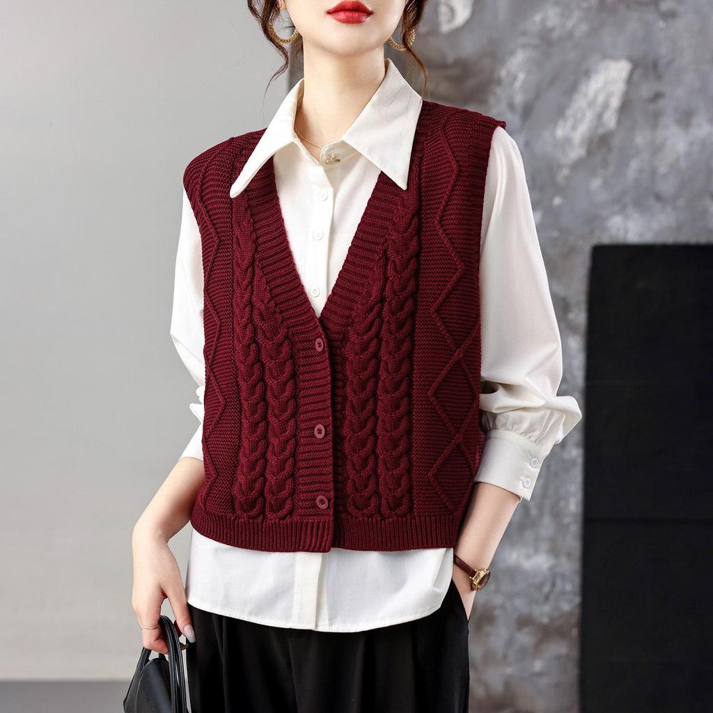 Women's Loose Wool V-Neck Sleeveless Sweater Vest for Autumn & Spring
