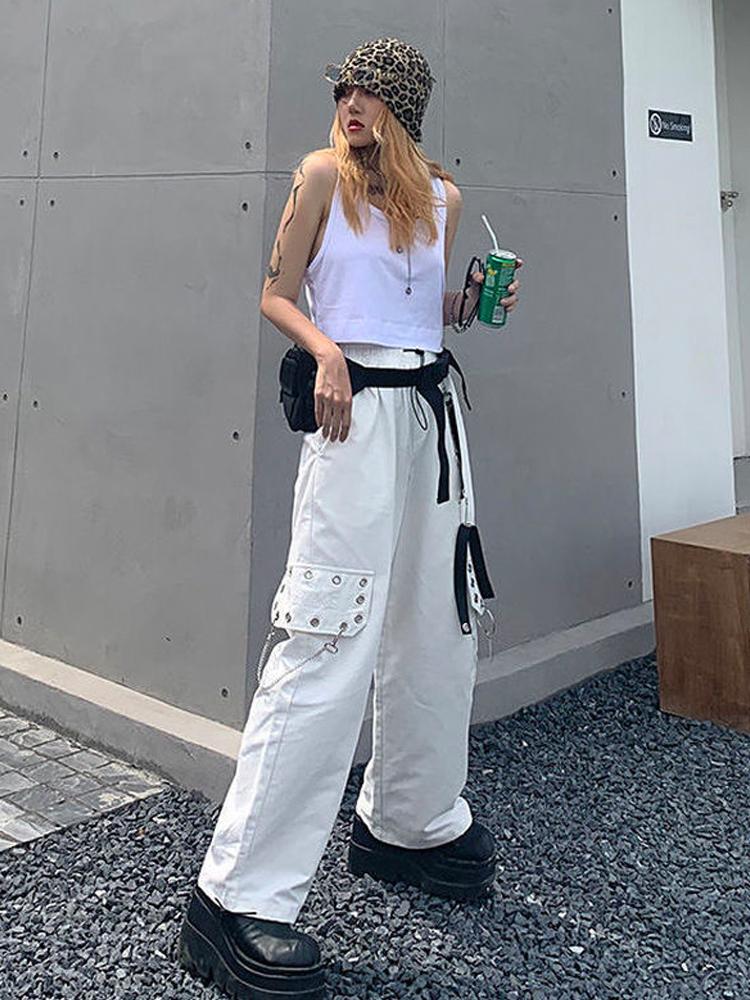 Черные брюки-карго в стиле Харадзюку, женские брюки-карго в готическом стиле с цепочкой, белые широкие брюки, женские хиппи, уличный стиль, эмо-торговый центр, гот