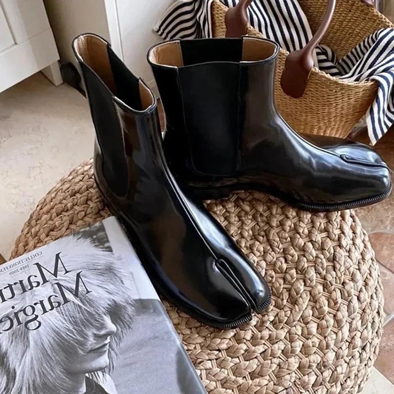 Женские ботинки Tabi из натуральной кожи, новое поступление, высокие туфли Chelsea с раздельным носком для девочек, фирменный дизайн, ботинки на толстом каблуке, обувь