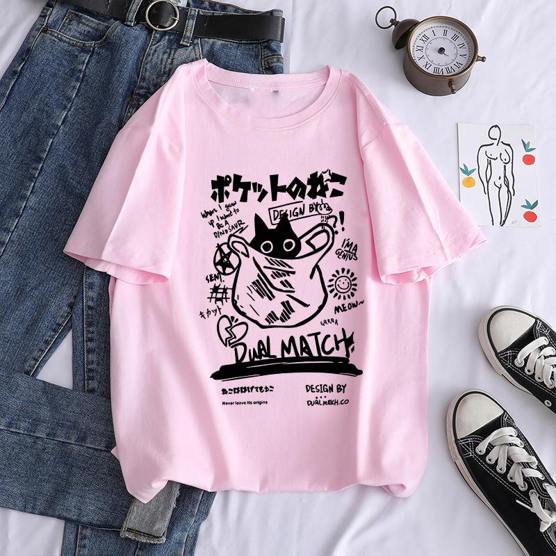 Новые мужские женские мультяшные футболки Харадзюку Каваи Кошка с принтом Футболки с коротким рукавом Парная уличная одежда Y2K Топы Графические футболки
