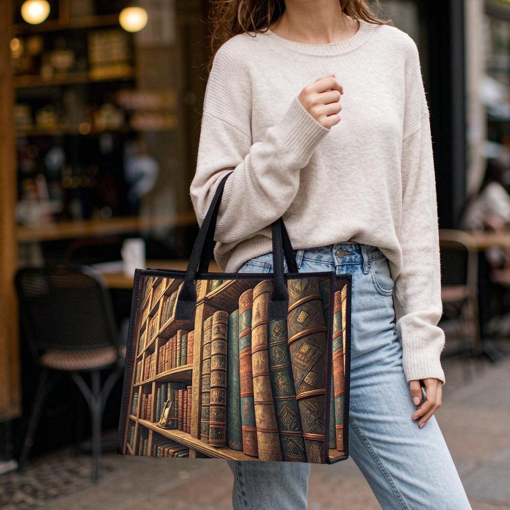 Vintage Library Book Pattern Tote Bag Aesthetic Daily Use Handbag Casual Carryall For Book Lovers