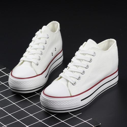 Мода 2024 Новое поступление Женские туфли на танкетке с каблуком 6 см, парусиновые туфли на открытом воздухе, белые, черные, модные кроссовки на танкетке для девочек