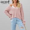 Autumn Winter Women's V-neck Solid Color Loose Knitwear