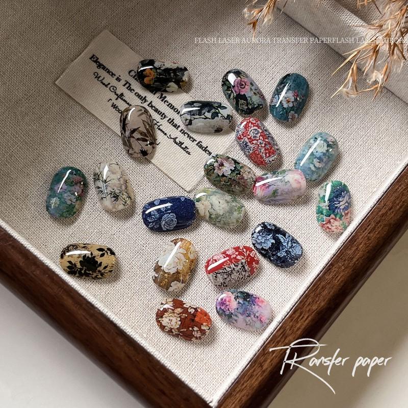 New Chinese Style Oil Painting Nail Art Transfer Paper Vintage Floral Starry Sky DIY Stickers
