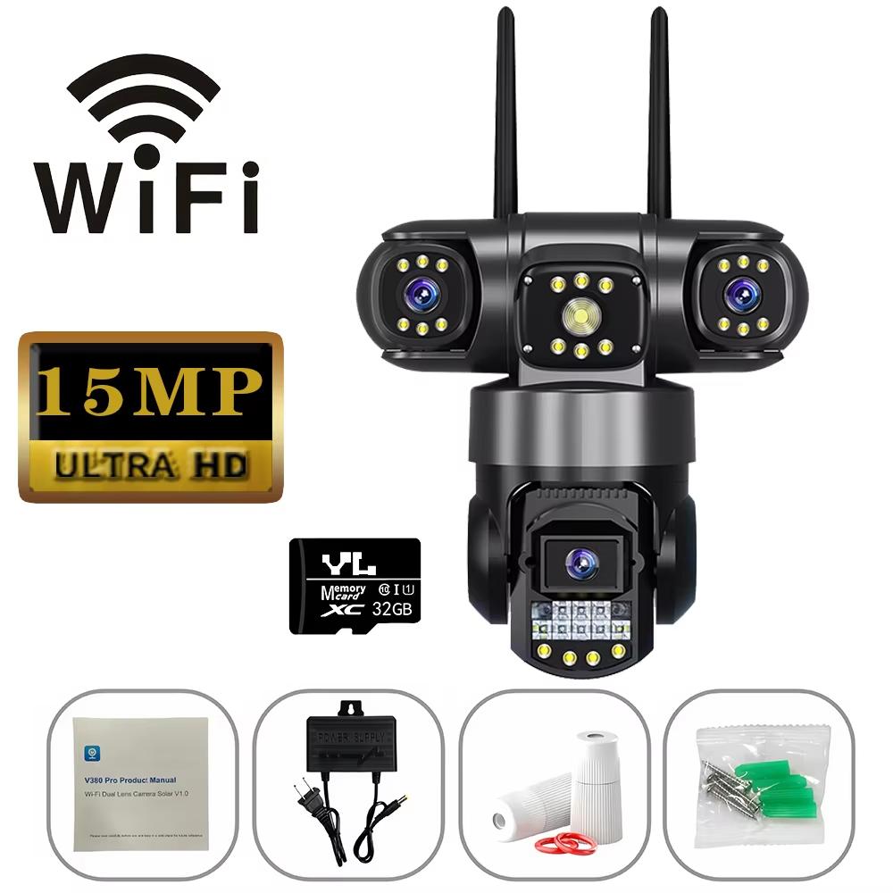 V380pro 15MP 3 объектива 4G/Wifi камера AI обнаружение человека ночное видение водонепроницаемая охранная видеонаблюдение IP камера 8K CCTV монитор