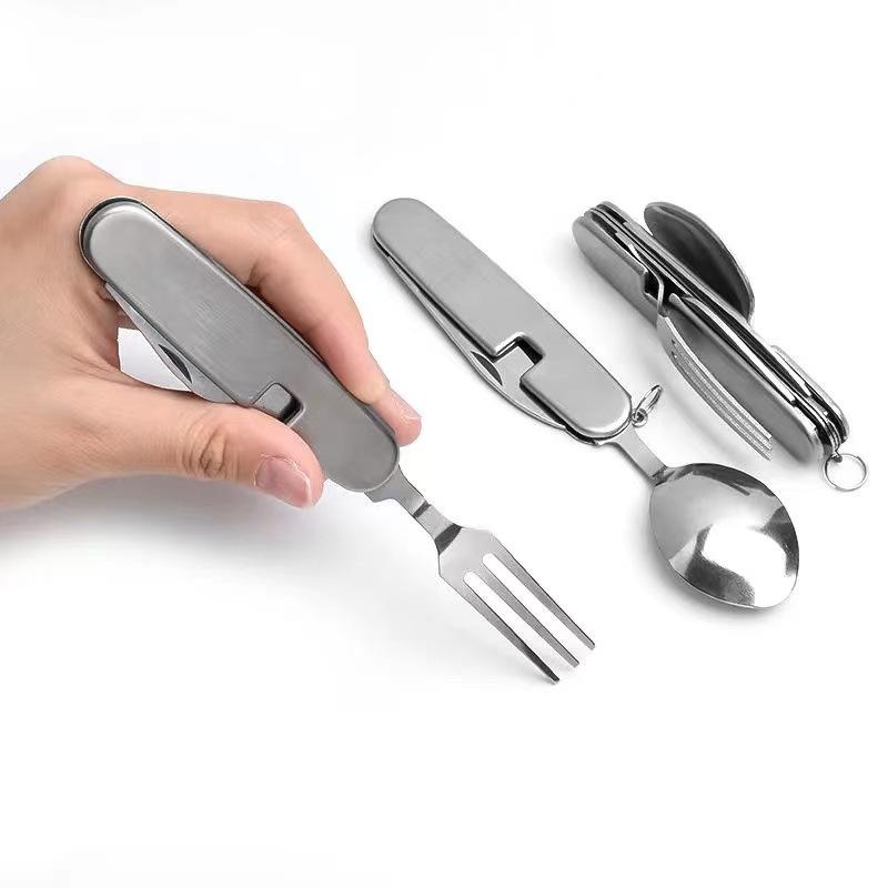 6-in-1 Portable Camping Cutlery Set Stainless Steel Folding Fork Spoon Knife Opener Tableware Hiking Travel Kitchen Utensils