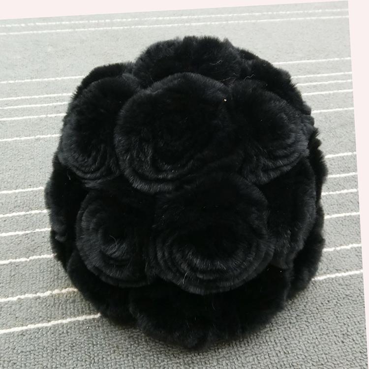 Women's Fashionable Winter Thick Rex Rabbit Fur Hat with Rose Fur Flowers Real Knit Appropriate for Parties